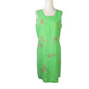 Vintage 90s Betsy Lauren green linen dragonfly embroidered mini dress 8P